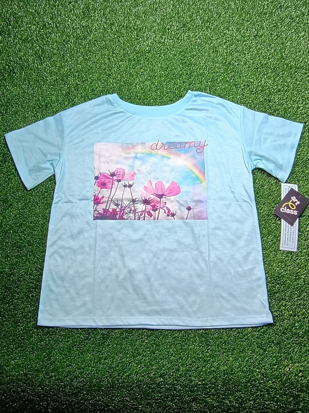 Art Class Dreamy Rainbow Floral Light Blue Pajama Top XL